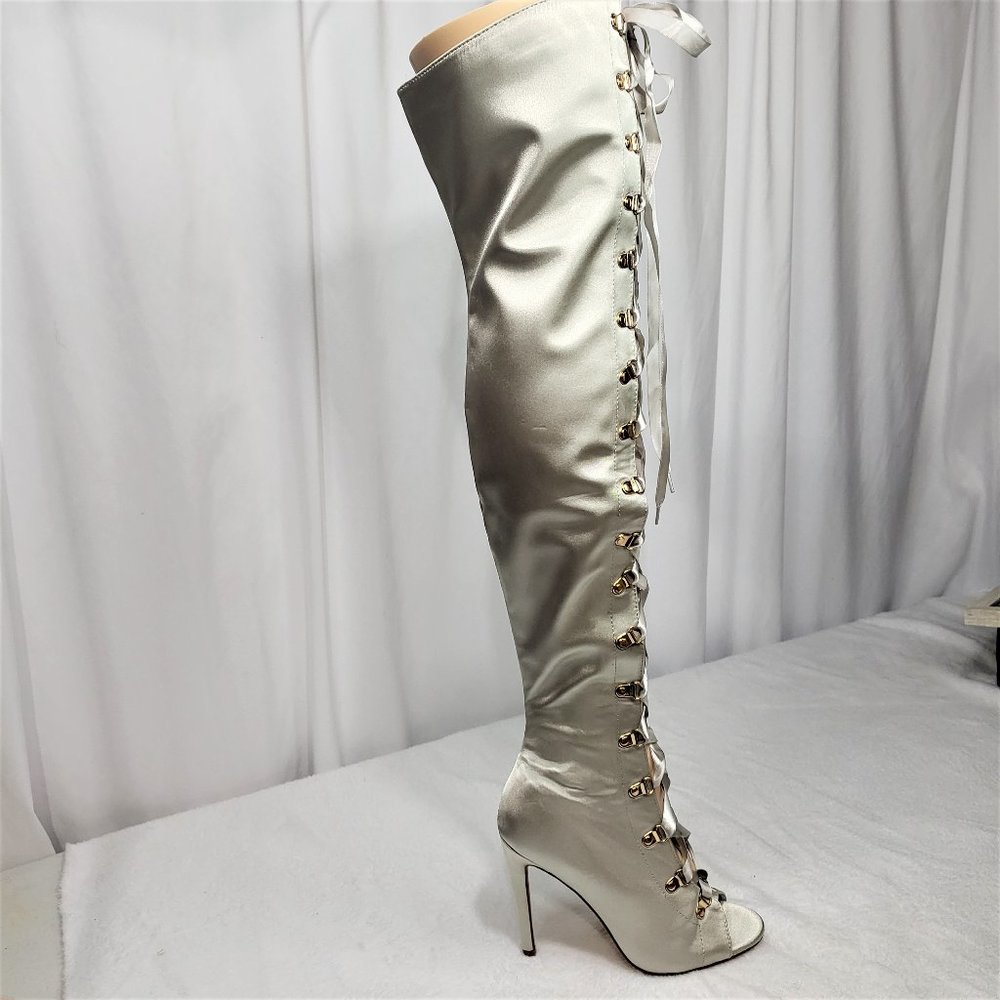 Cape Robbin Gray Lace-Up Peep Toe 4.5" Stiletto Thigh High Boots
